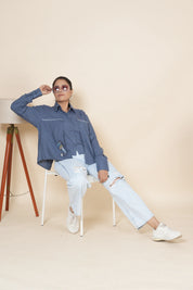 Blue Crop Linen Slit Back Shirt With Thread Work Embroidery