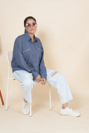 Blue Crop Linen Slit Back Shirt With Thread Work Embroidery