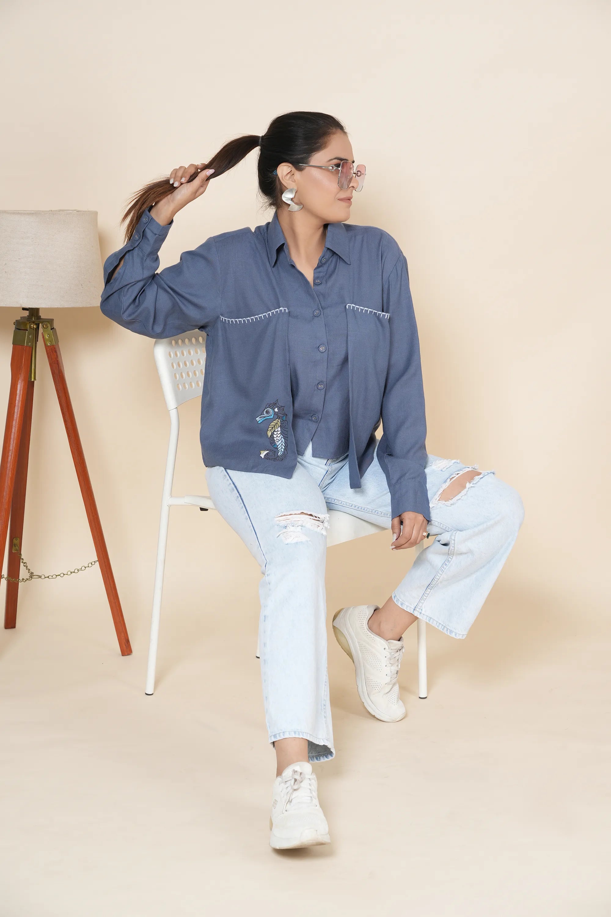 Blue Crop Linen Slit Back Shirt With Thread Work Embroidery