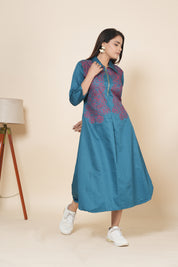 Teal Blue Embroidered Thread Work Poplin Dress - Kaftanize