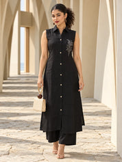 Black Sleeveless Sequin Detail Kurta Set in Vatican Fabric