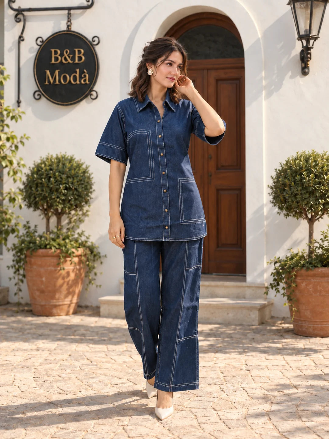 Denim Blue Contrast Running Stitch Shirt Co-ord Set in Cotton Denim