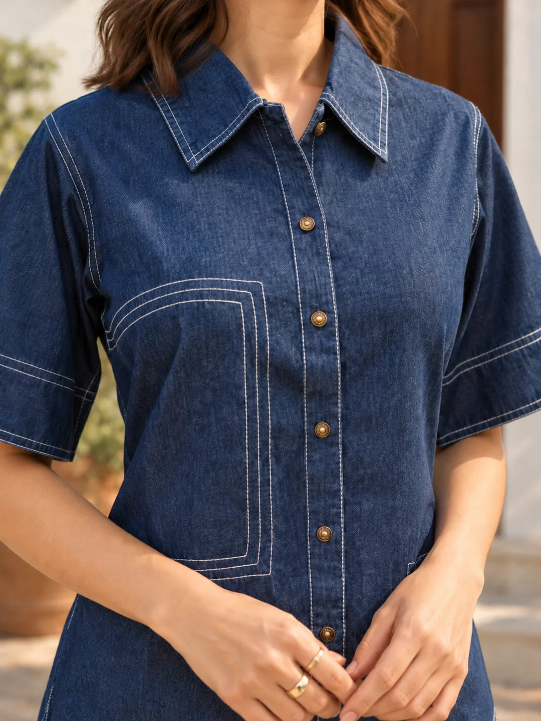 Denim Blue Contrast Running Stitch Shirt Co-ord Set in Cotton Denim