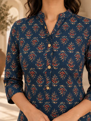 Navy Blue Mandarin Collar Button-Tab Floral Buta Short Kurti in Cotton