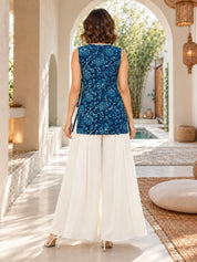 Blue Angrakha Style Floral Jaal Short Kurti in Cotton