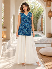 Blue Angrakha Style Floral Jaal Short Kurti in Cotton