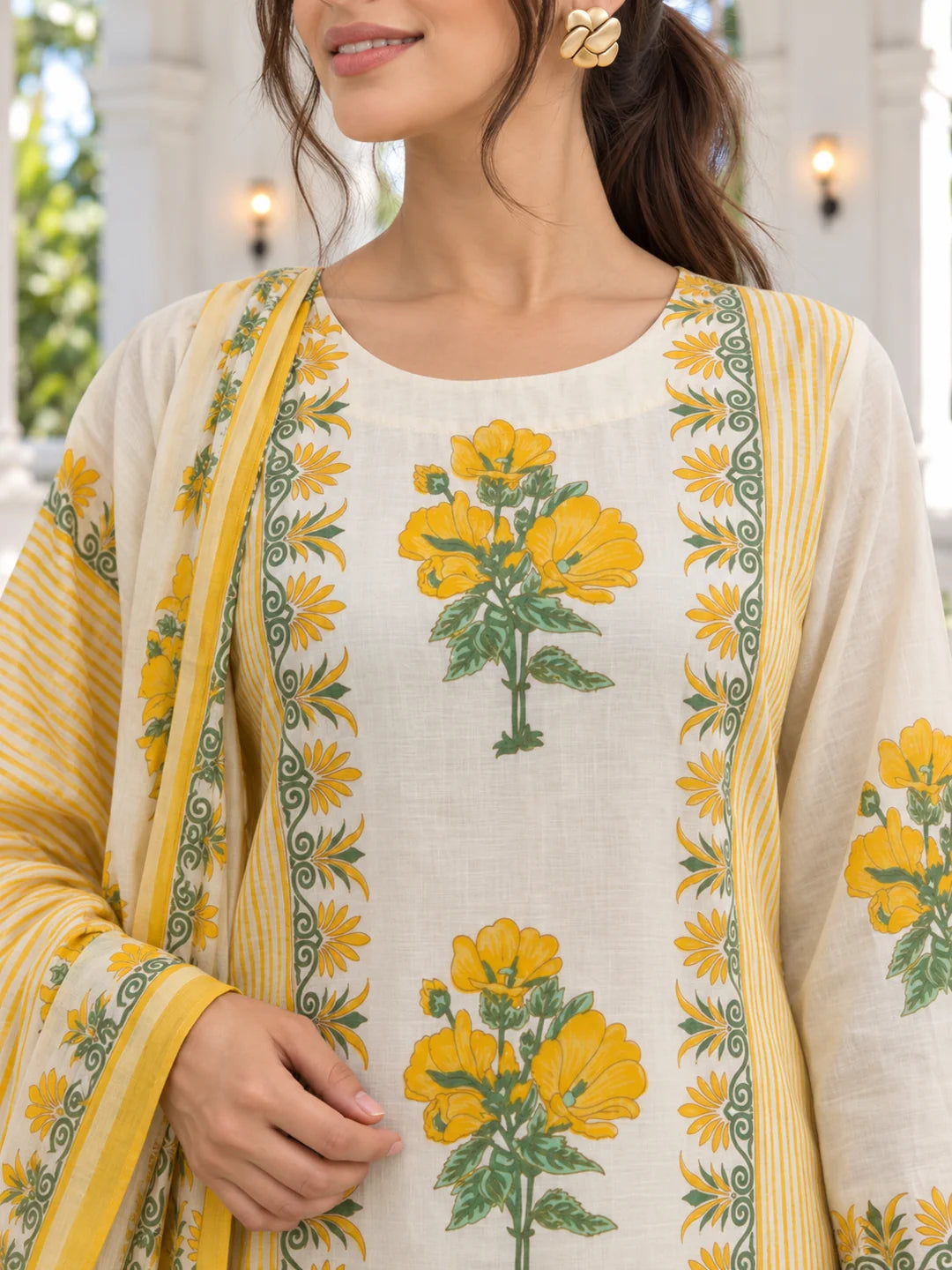 Yellow and Cream Stripe Floral Printed Kurta Set with Dupatta in Cotton
