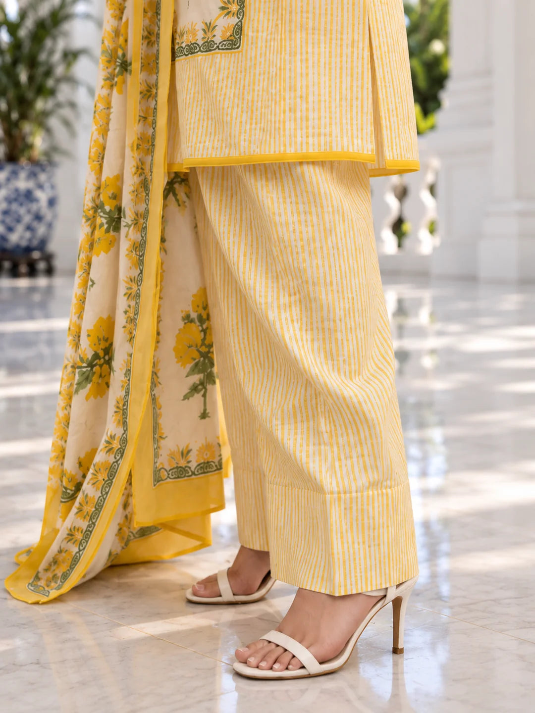 Yellow and Cream Stripe Floral Printed Kurta Set with Dupatta in Cotton