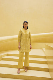 Kaftanize Kiaa-Yellow Embroidered Thread Work Juliet Sleeve Viscose Tunic With Flared Pant