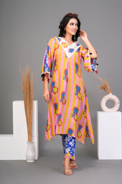 Yellow Bold Floral Printed Muslin Kurta Set