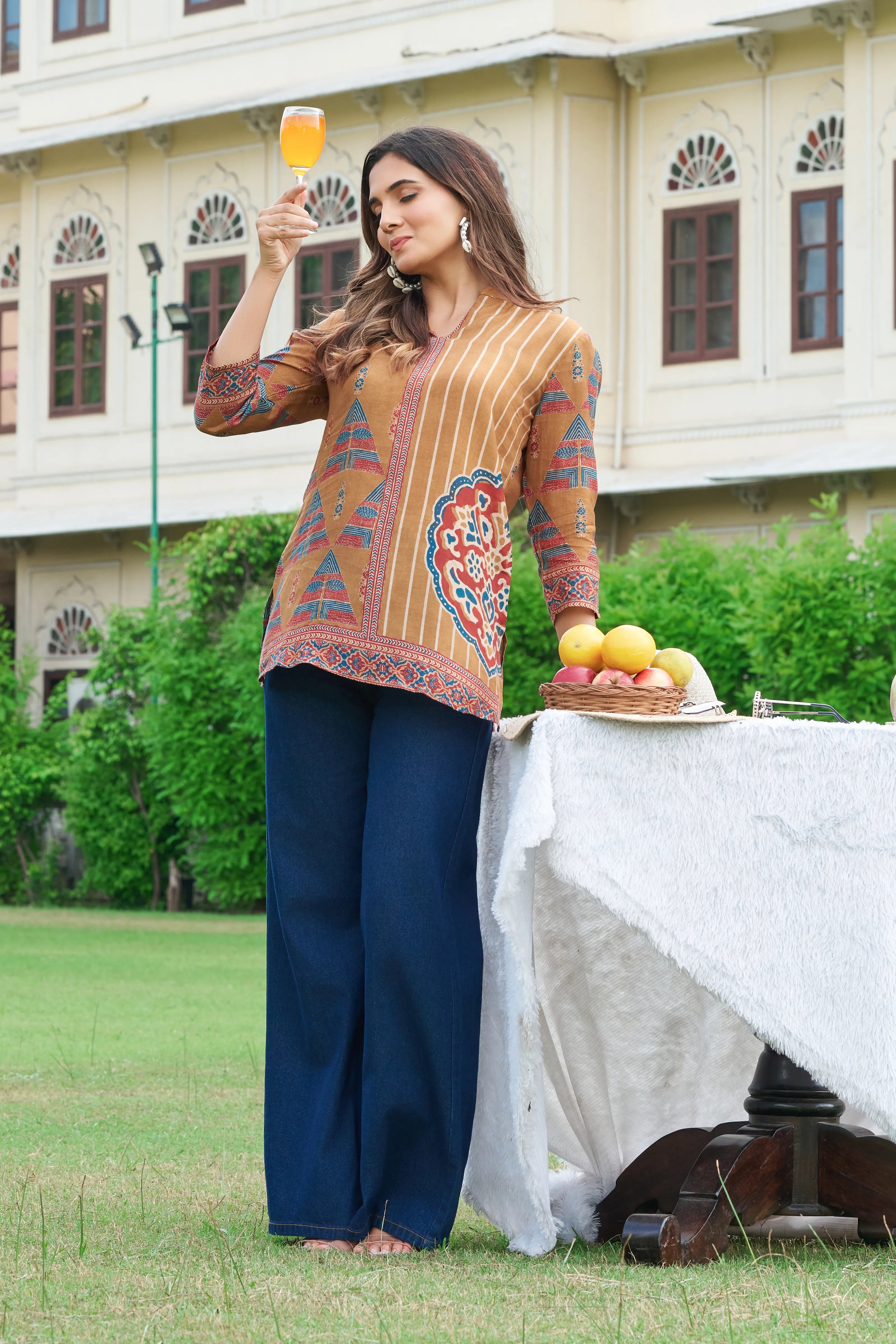 Dijon Yellow Muslin Printed Short Kurta