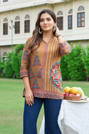 Dijon Yellow Muslin Printed Short Kurta
