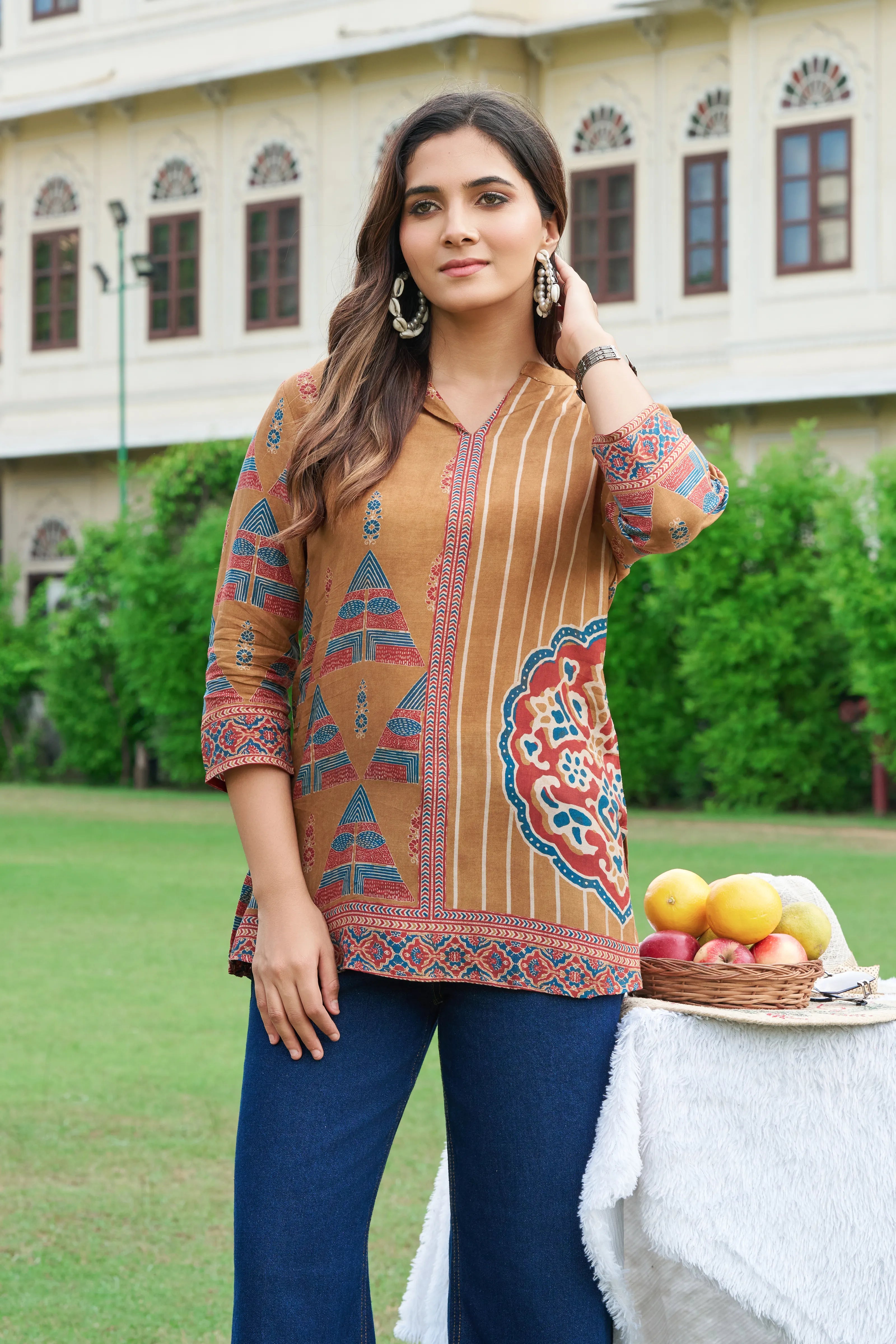 Dijon Yellow Muslin Printed Short Kurta