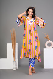 Yellow Bold Floral Printed Muslin Kurta Set