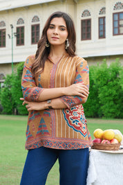 Dijon Yellow Muslin Printed Short Kurta