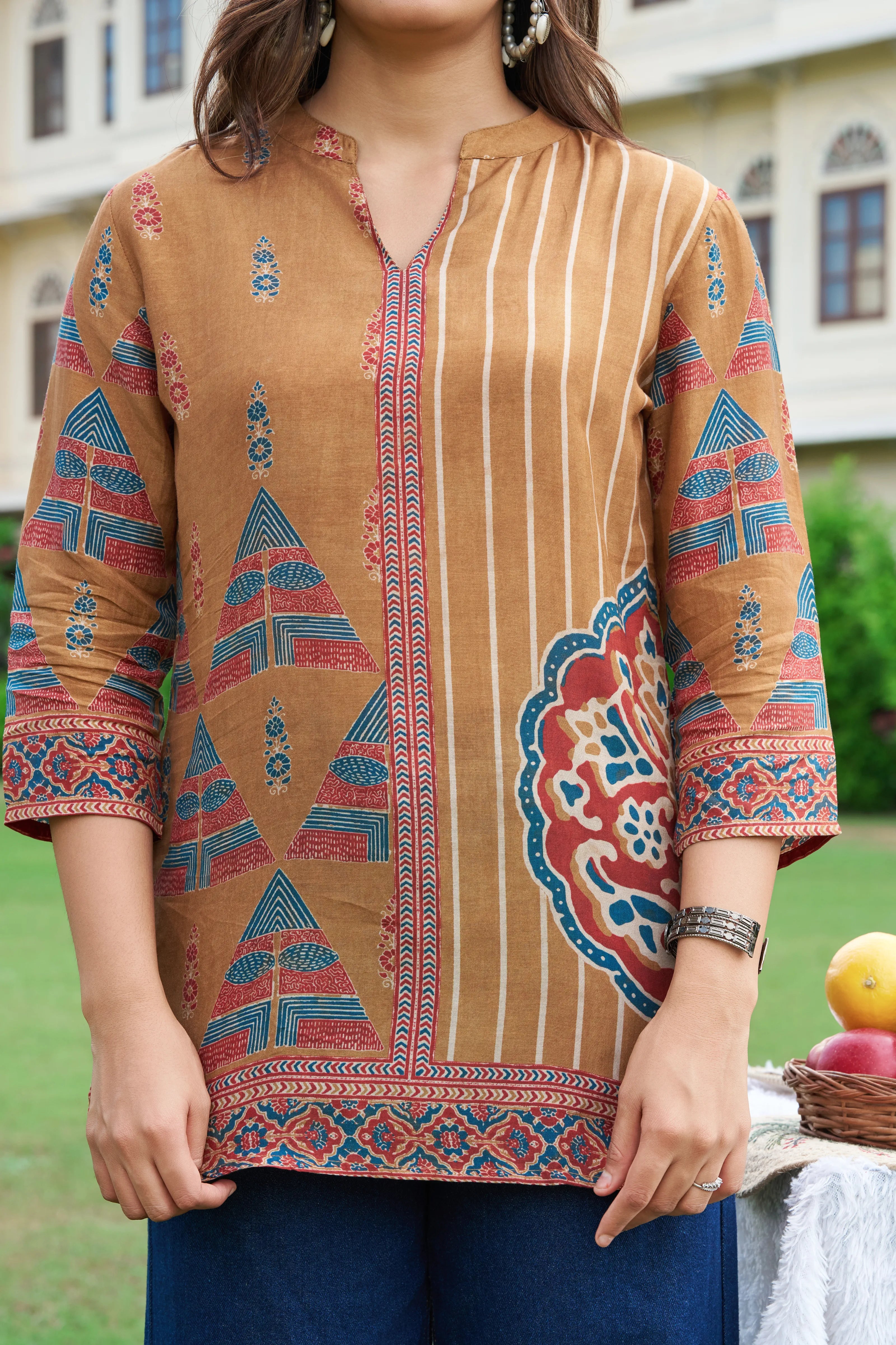 Dijon Yellow Muslin Printed Short Kurta