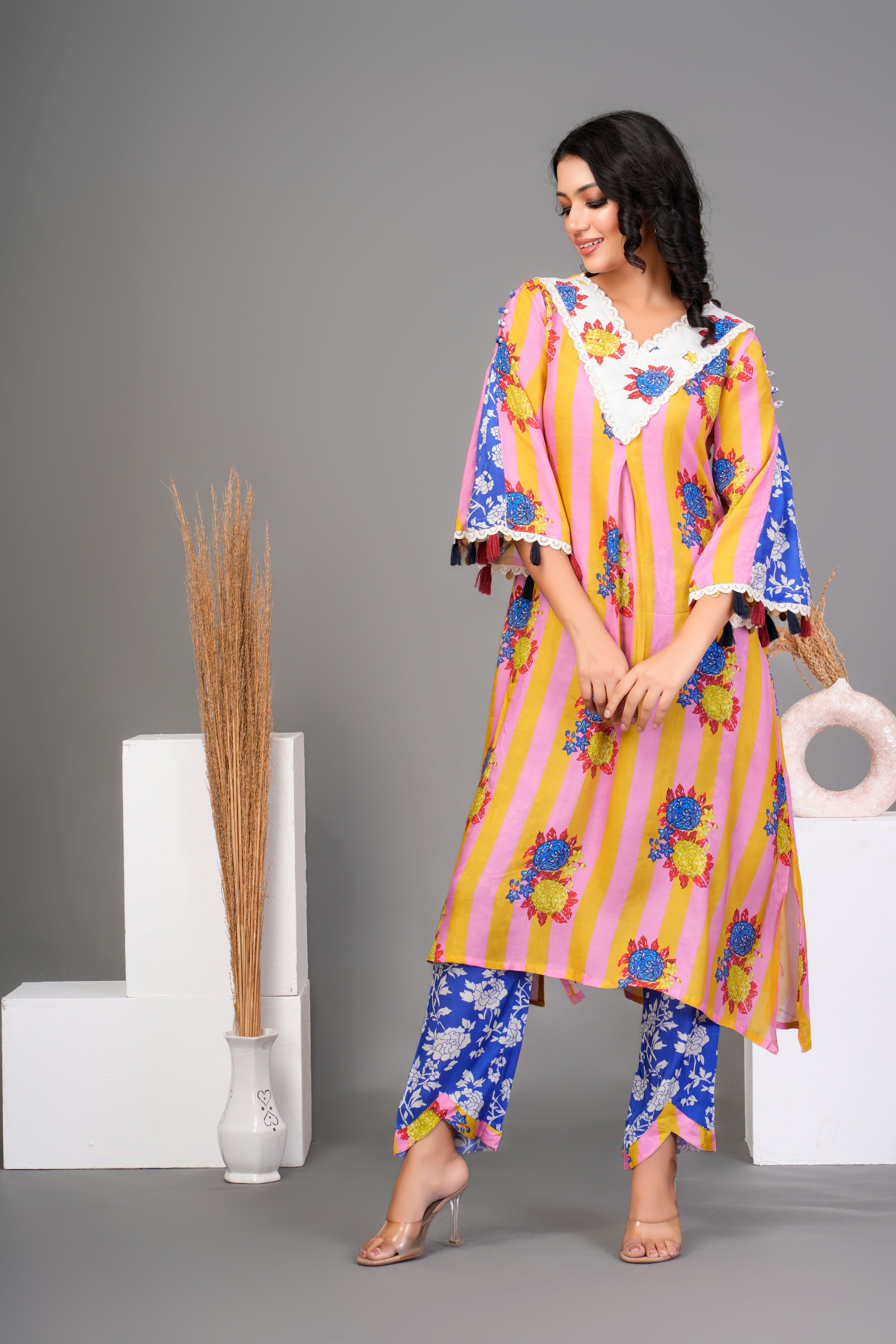 Yellow Bold Floral Printed Muslin Kurta Set