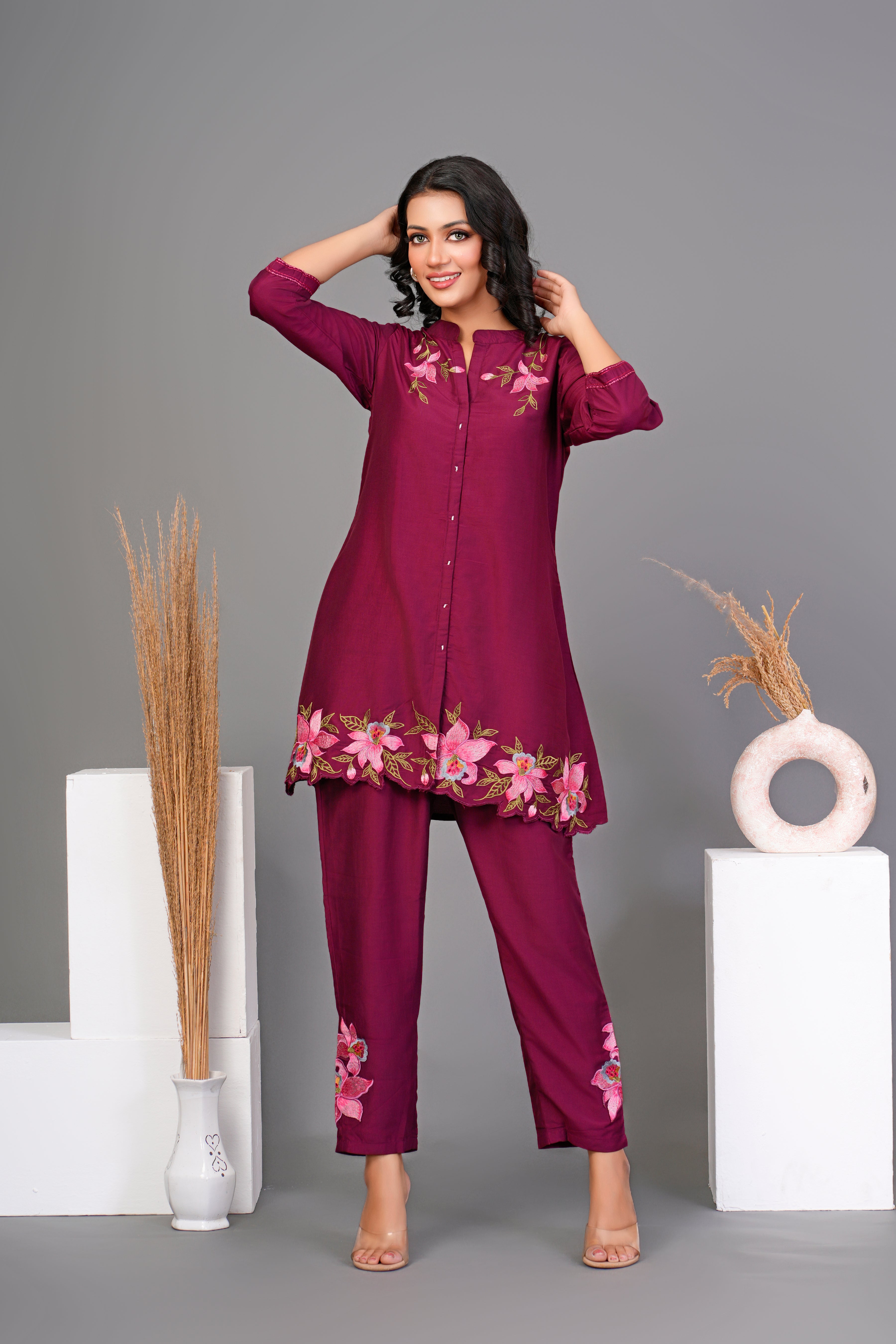 Maroon Embroidered Floral  Chinnon Co-ord Set