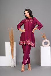 Maroon Embroidered Floral  Chinnon Co-ord Set