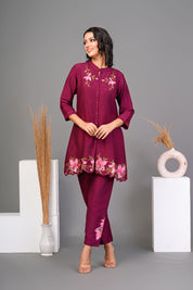 Maroon Embroidered Floral  Chinnon Co-ord Set