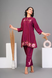 Maroon Embroidered Floral  Chinnon Co-ord Set