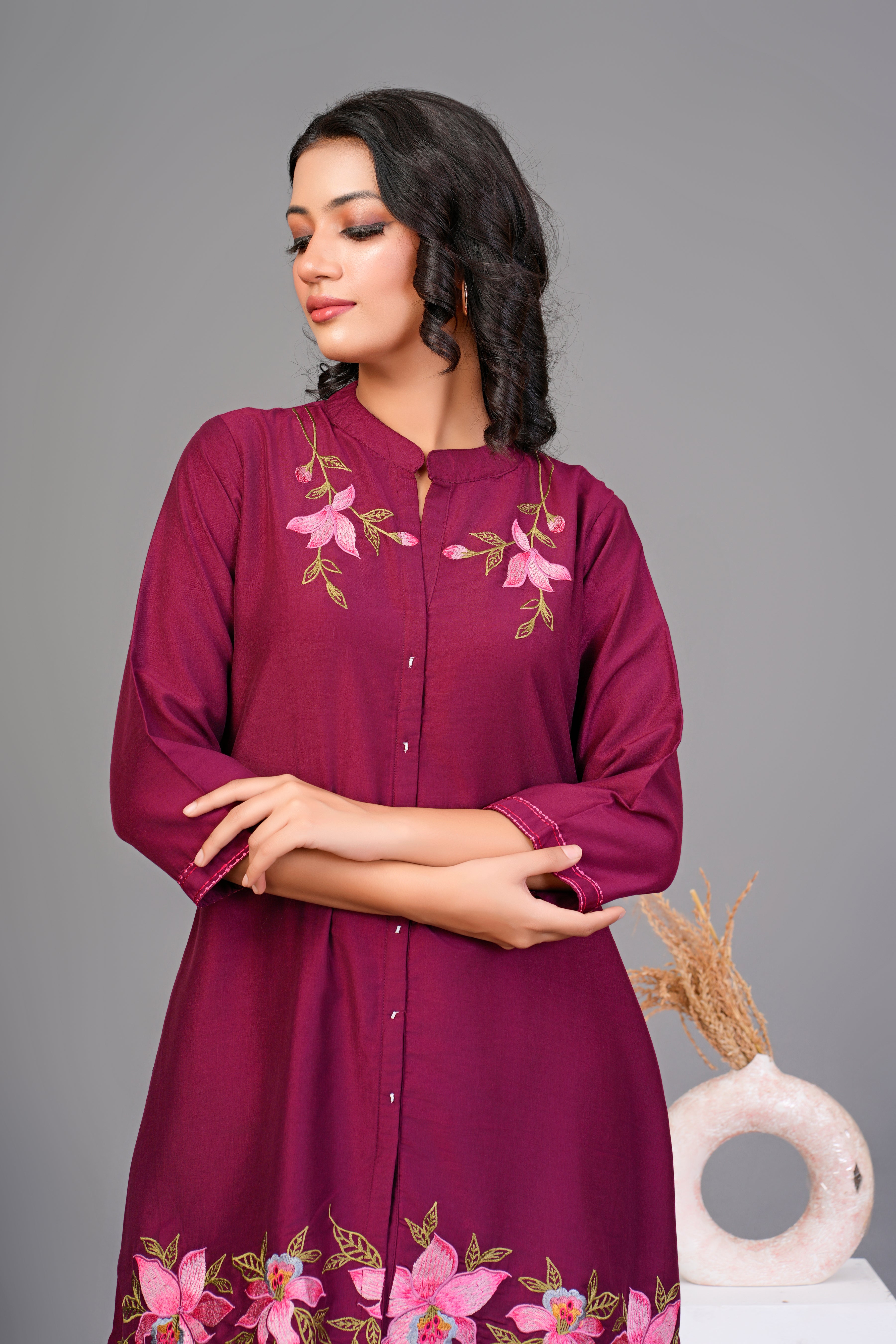 Maroon Embroidered Floral  Chinnon Co-ord Set