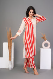 Cream Bold Red Floral Printed  Front Stripe  Muslin Kurta Set