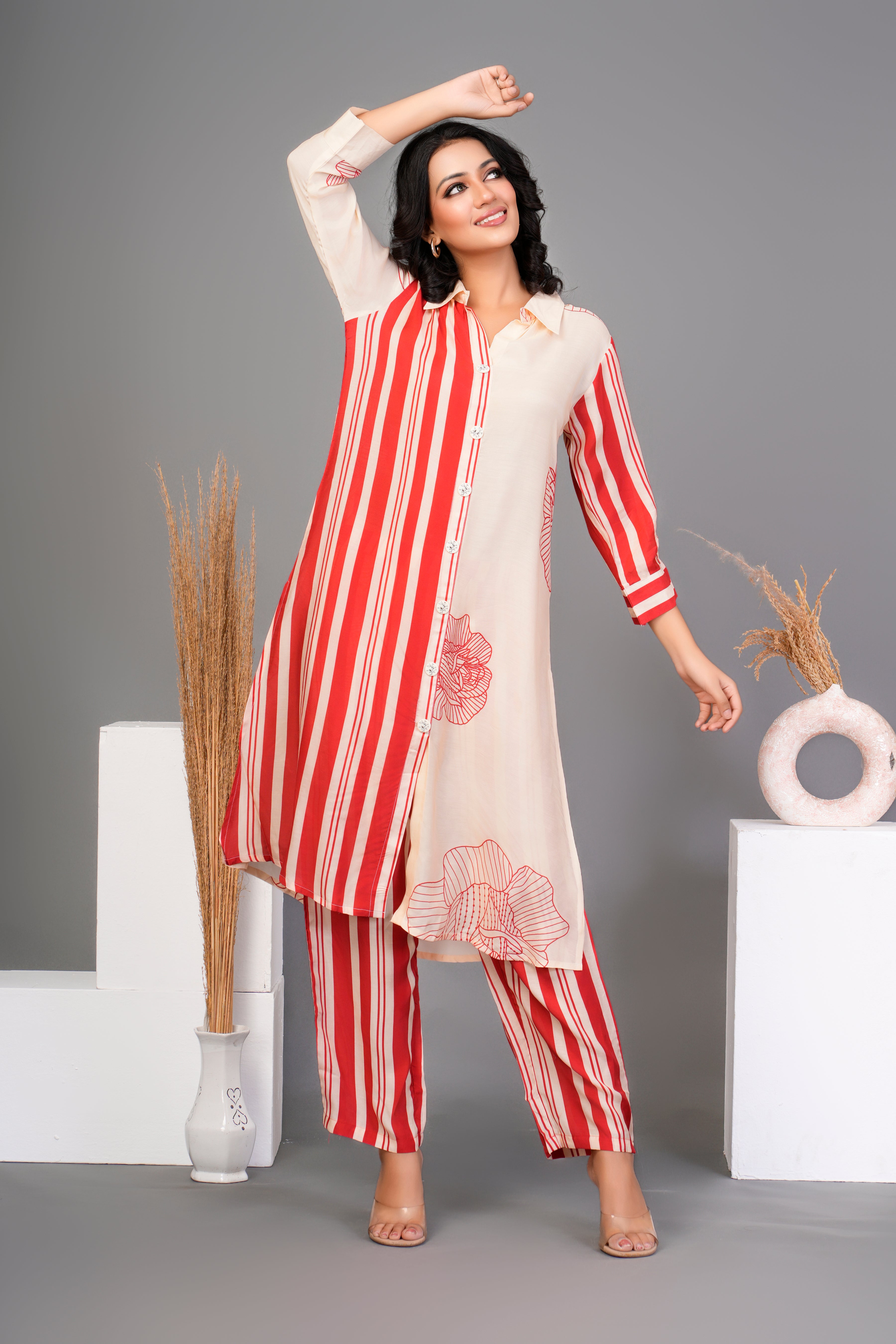 Cream Bold Red Floral Printed  Front Stripe  Muslin Kurta Set