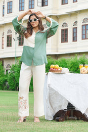 Cream & Green Floral Embroidered Co-ord Set in Dola Silk