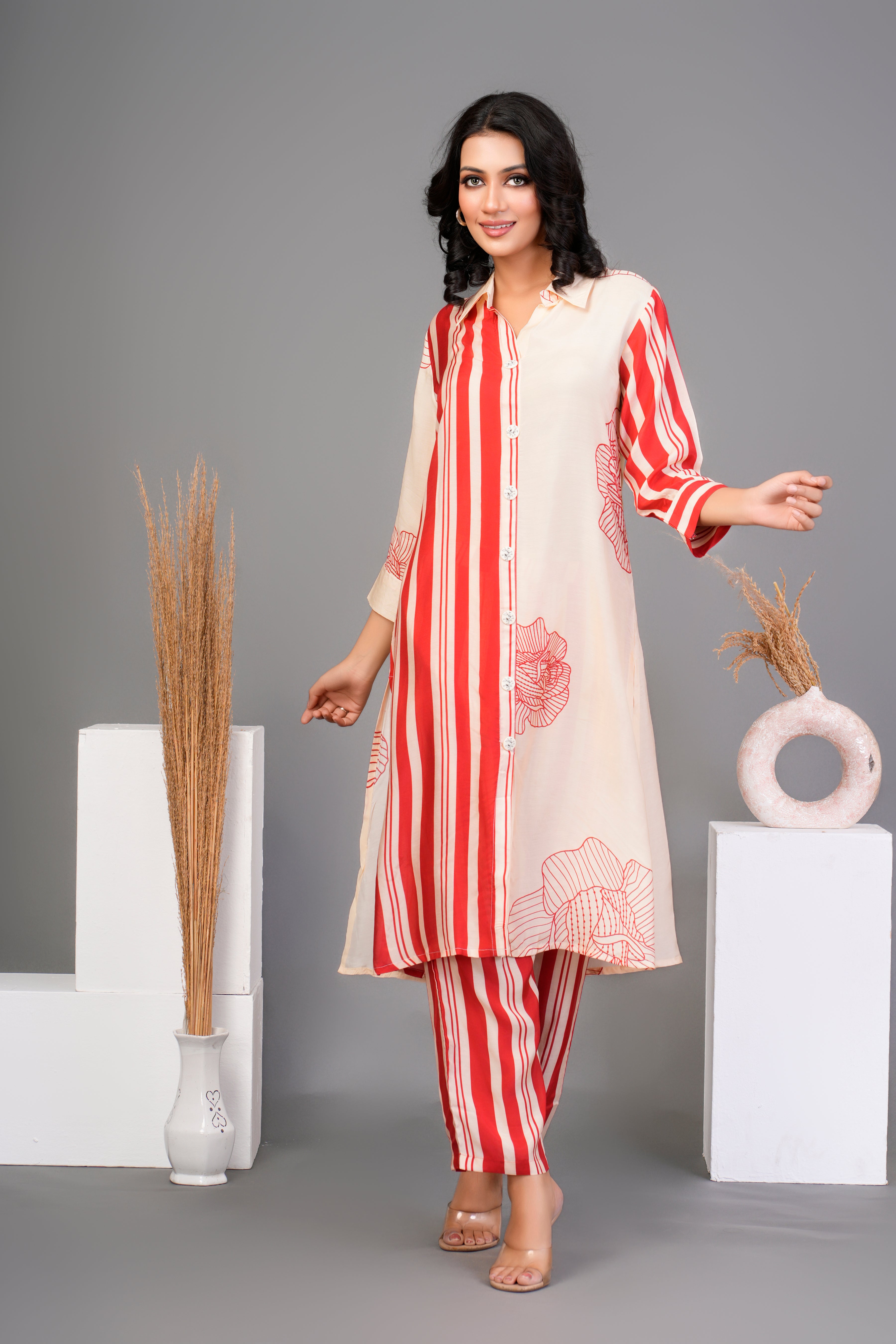 Cream Bold Red Floral Printed  Front Stripe  Muslin Kurta Set