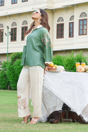 Cream & Green Floral Embroidered Co-ord Set in Dola Silk
