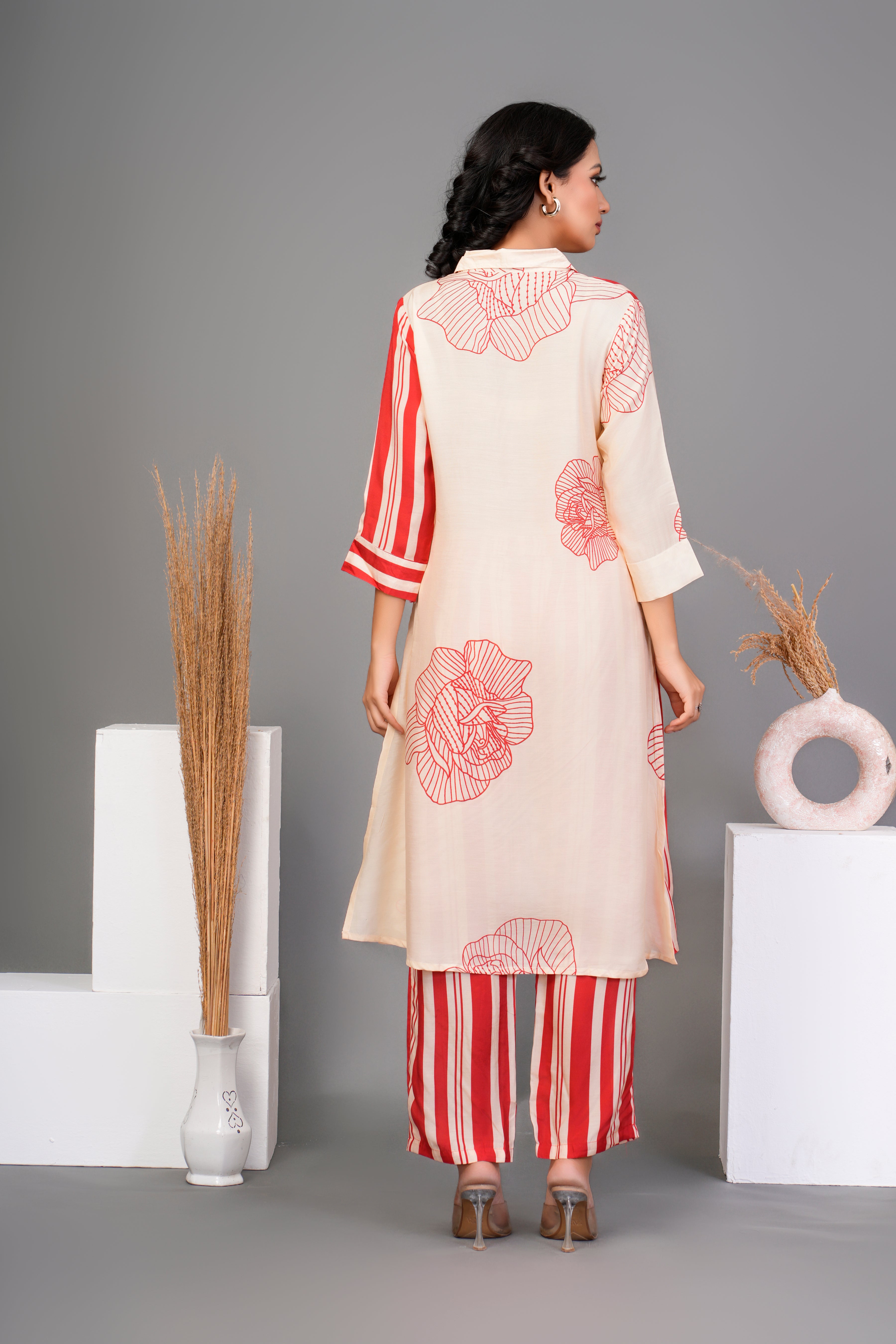 Cream Bold Red Floral Printed  Front Stripe  Muslin Kurta Set