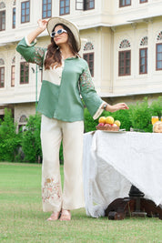 Cream & Green Floral Embroidered Co-ord Set in Dola Silk