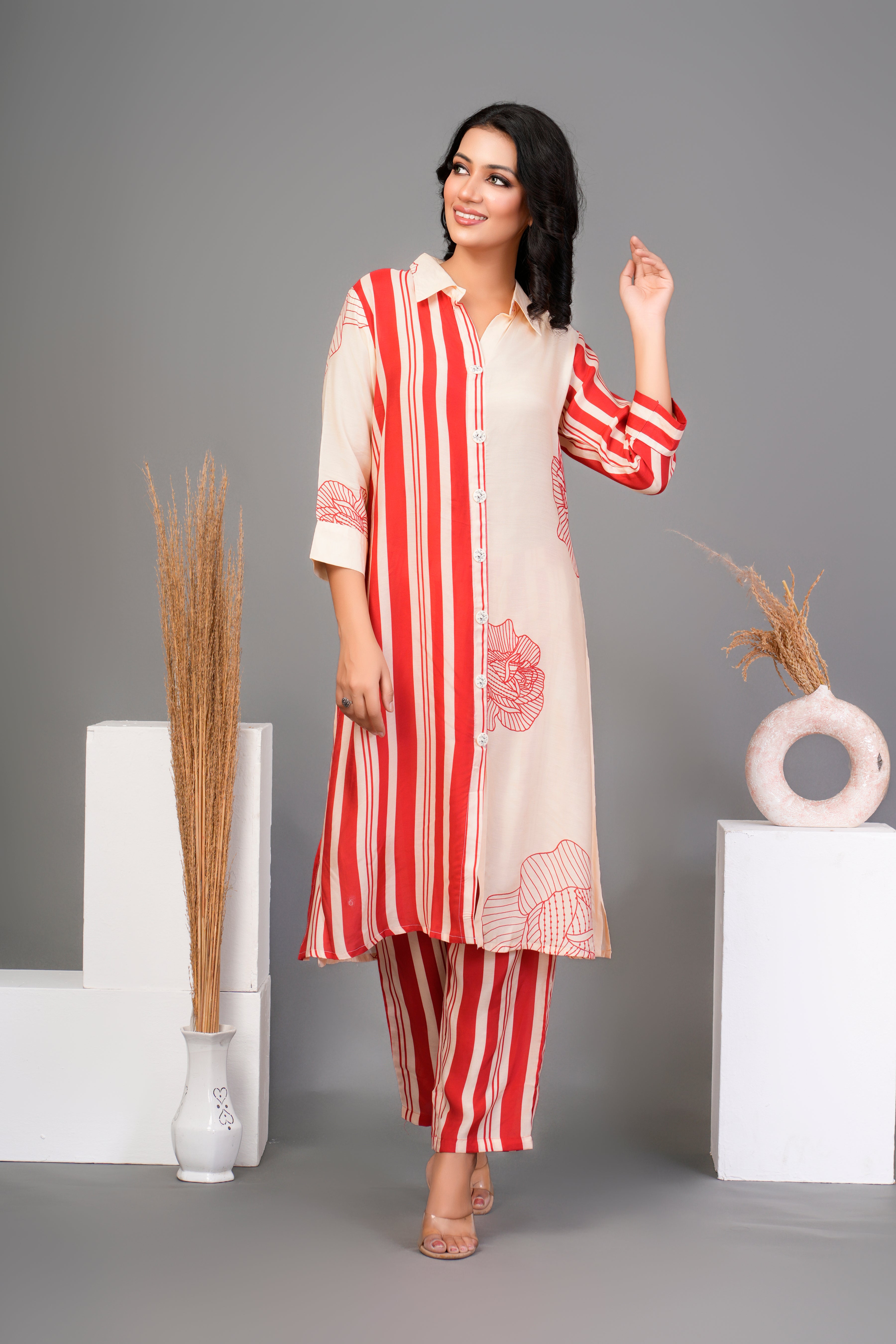 Cream Bold Red Floral Printed  Front Stripe  Muslin Kurta Set