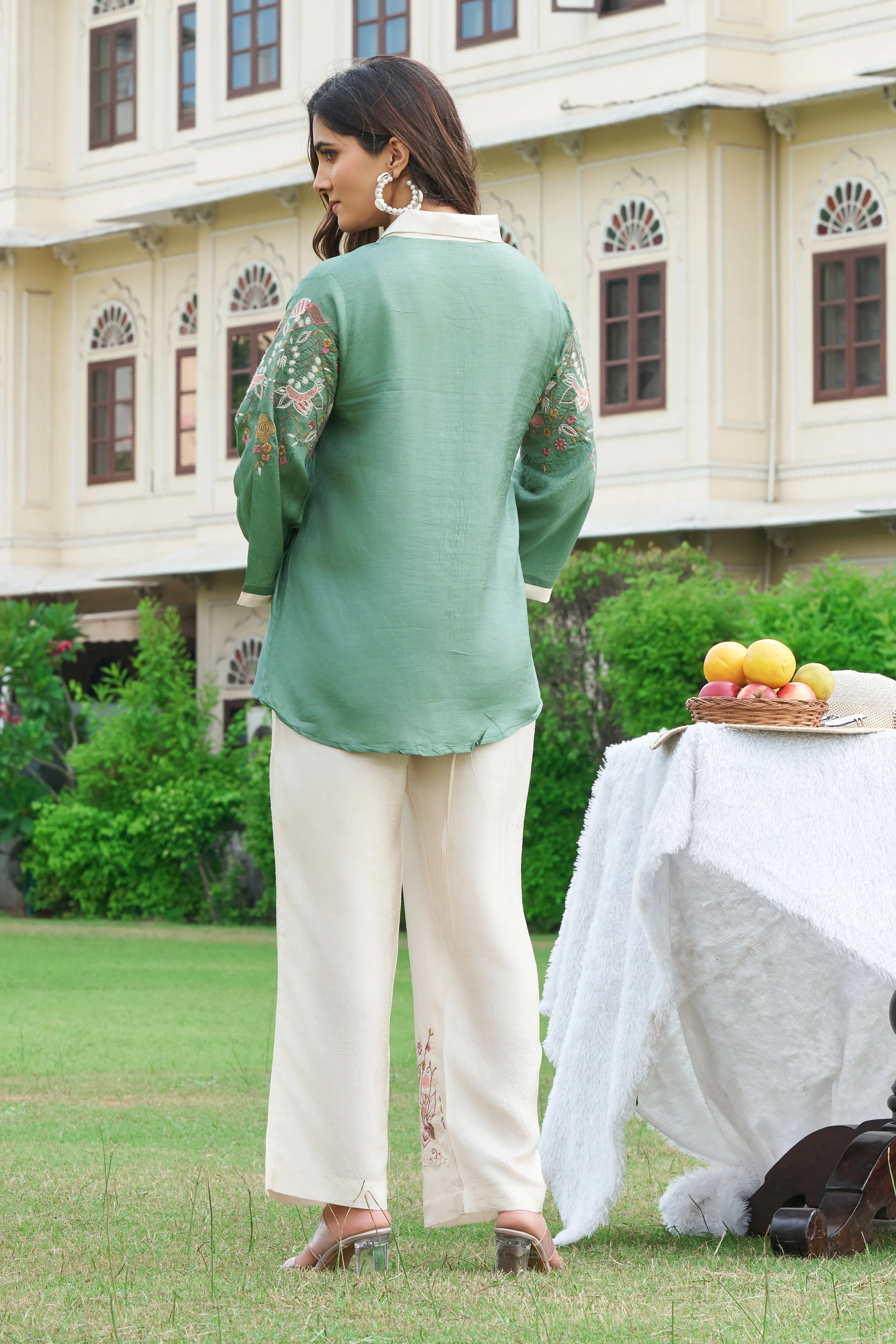 Cream & Green Floral Embroidered Co-ord Set in Dola Silk