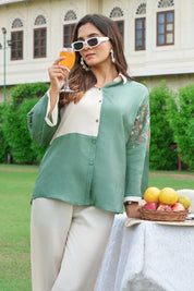 Cream & Green Floral Embroidered Co-ord Set in Dola Silk