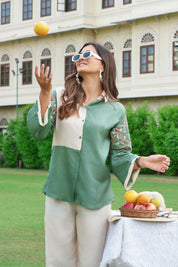 Cream & Green Floral Embroidered Co-ord Set in Dola Silk