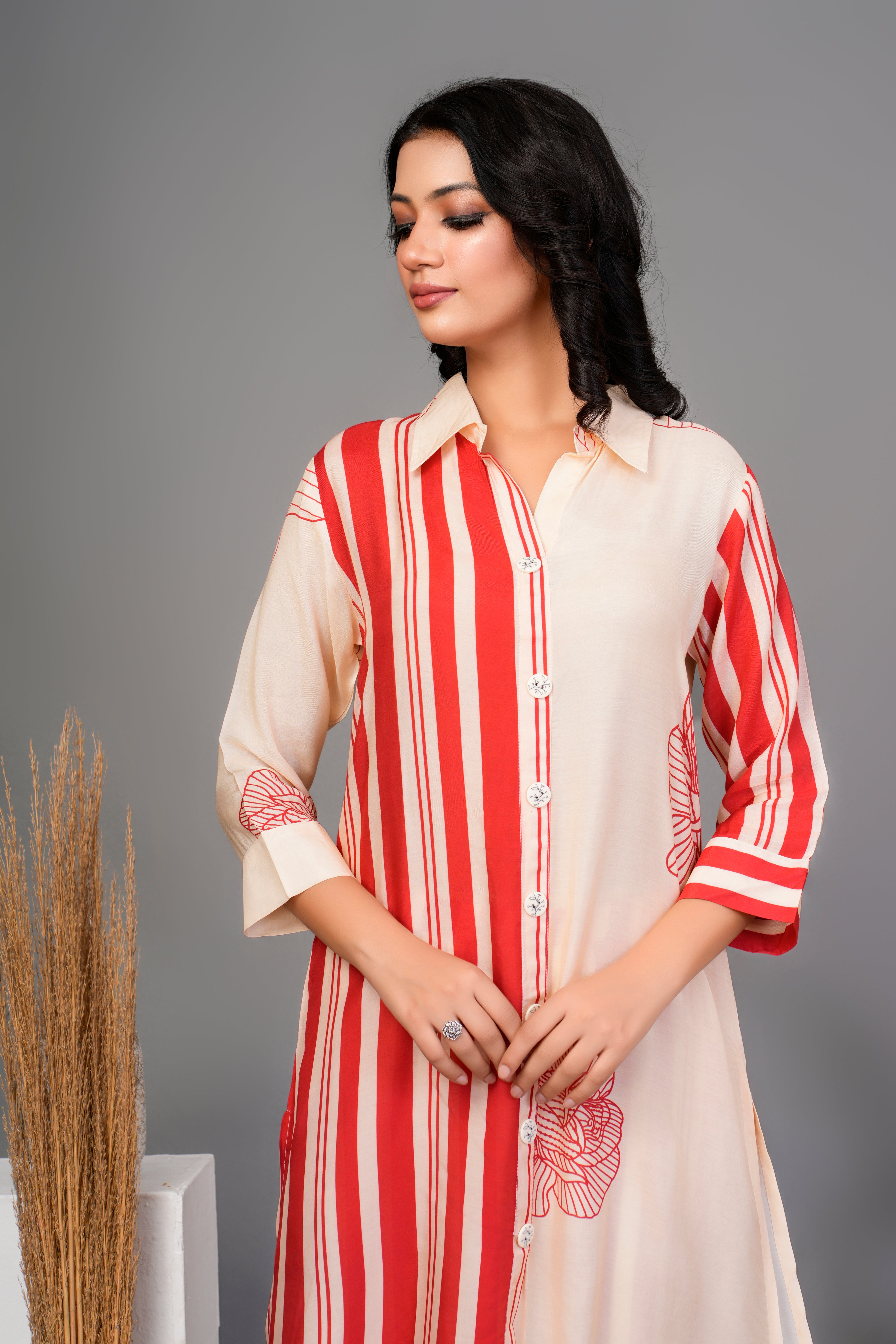 Cream Bold Red Floral Printed  Front Stripe  Muslin Kurta Set