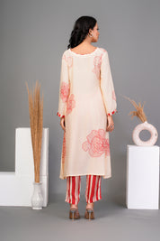 Cream Bold Red Floral Printed  Muslin Kurta Set