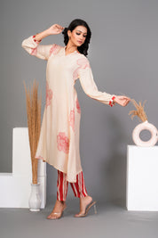 Cream Bold Red Floral Printed  Muslin Kurta Set