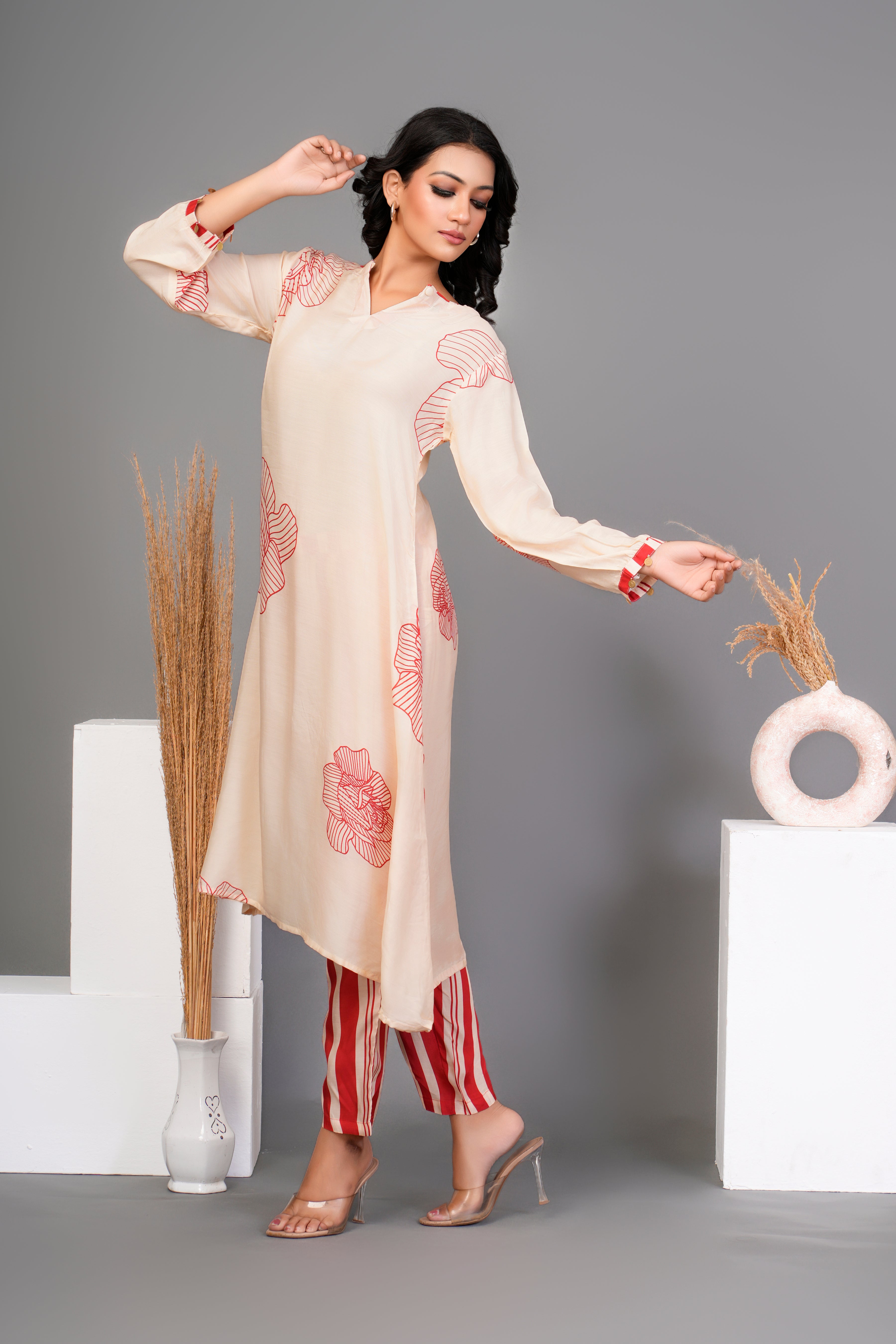 Cream Bold Red Floral Printed  Muslin Kurta Set