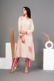 Cream Bold Red Floral Printed  Muslin Kurta Set