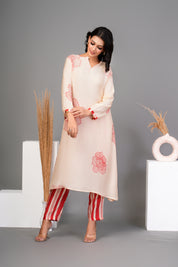 Cream Bold Red Floral Printed  Muslin Kurta Set