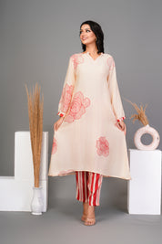 Cream Bold Red Floral Printed  Muslin Kurta Set