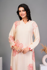 Cream Bold Red Floral Printed  Muslin Kurta Set