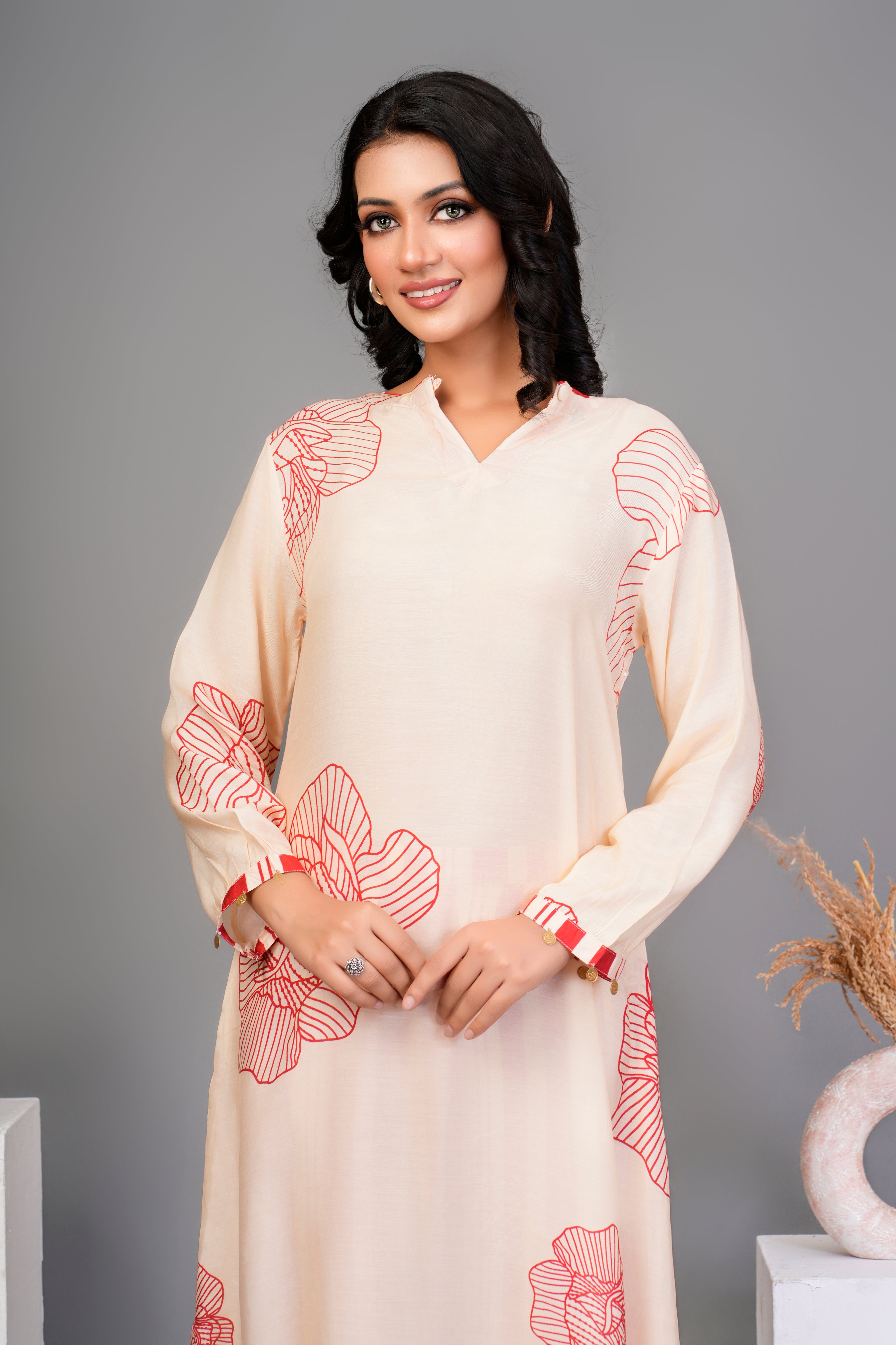 Cream Bold Red Floral Printed  Muslin Kurta Set