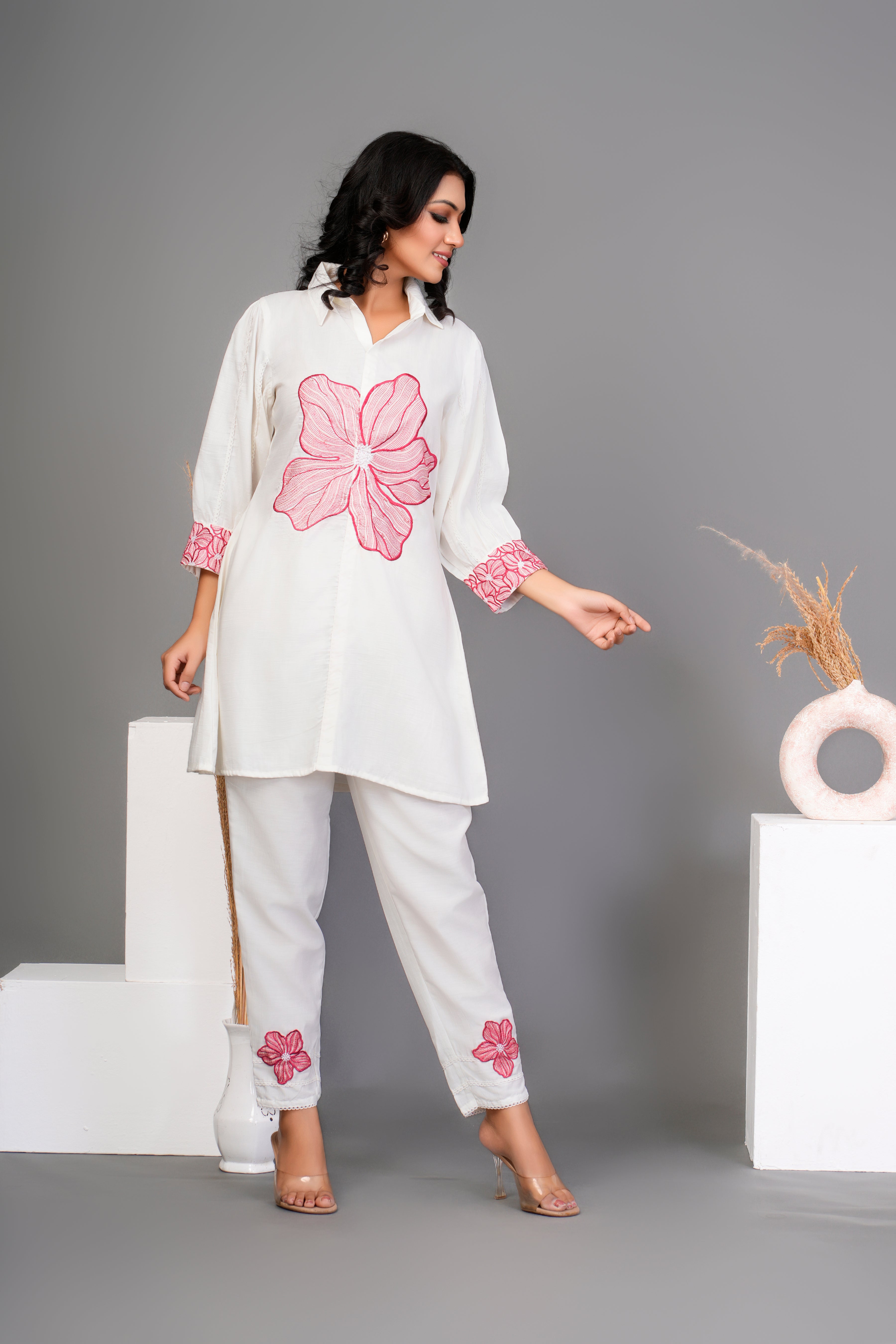 Off White Red Flower Embroidered  Chinnon Co-ord Set