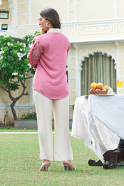 Cream & Pink Floral Embroidered Co-ord Set in Dola Silk