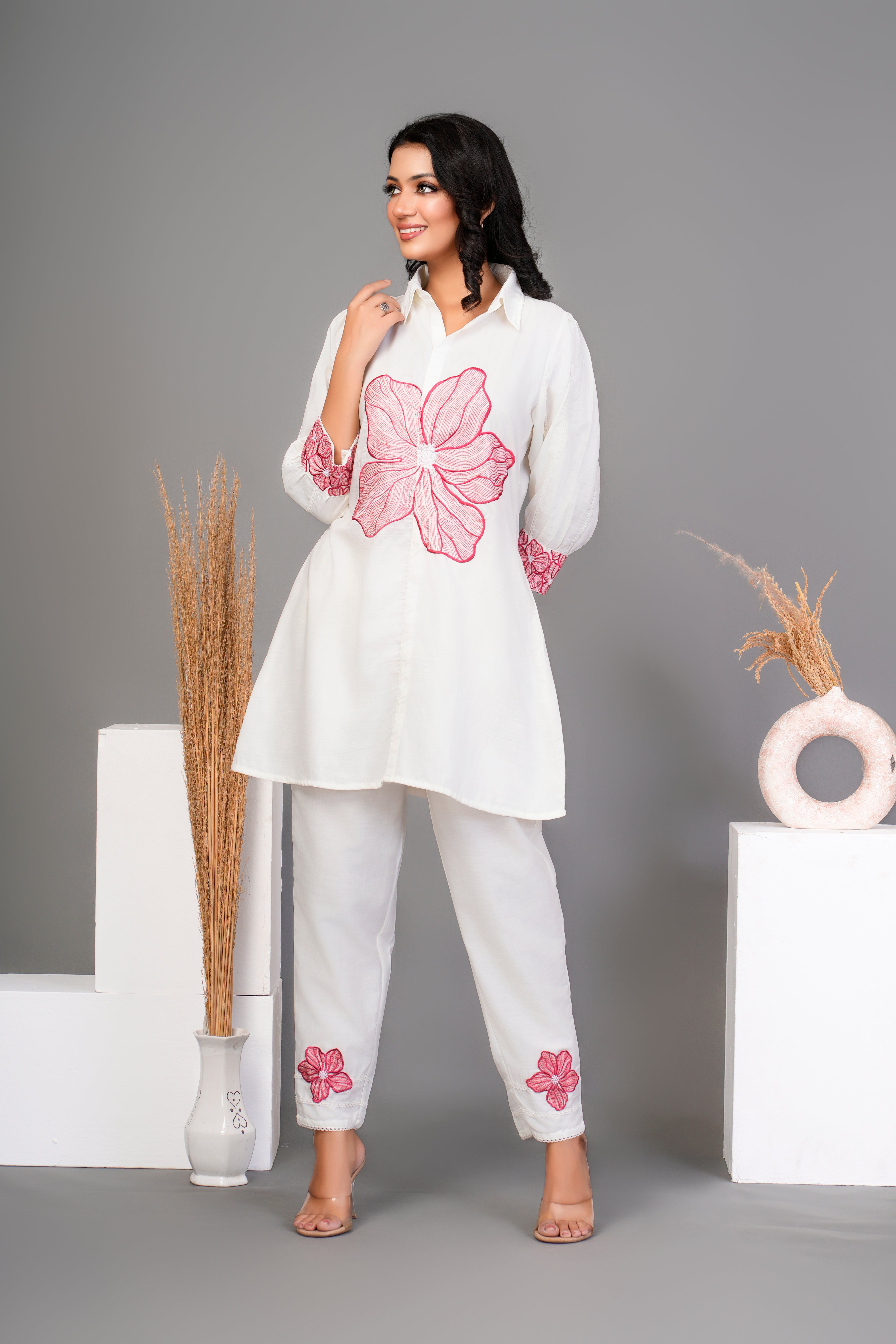 Off White Red Flower Embroidered  Chinnon Co-ord Set