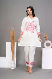 Off White Red Flower Embroidered  Chinnon Co-ord Set